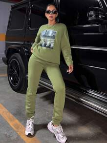 EURMUSE Slogan Graphic Drop Shoulder Thermal Sweatshirt & Sweatpants - Khaki - View 3