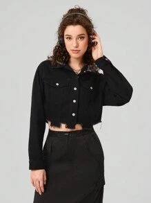 Forever 21 Frayed Edge Denim Jacket With Fake Pockets
