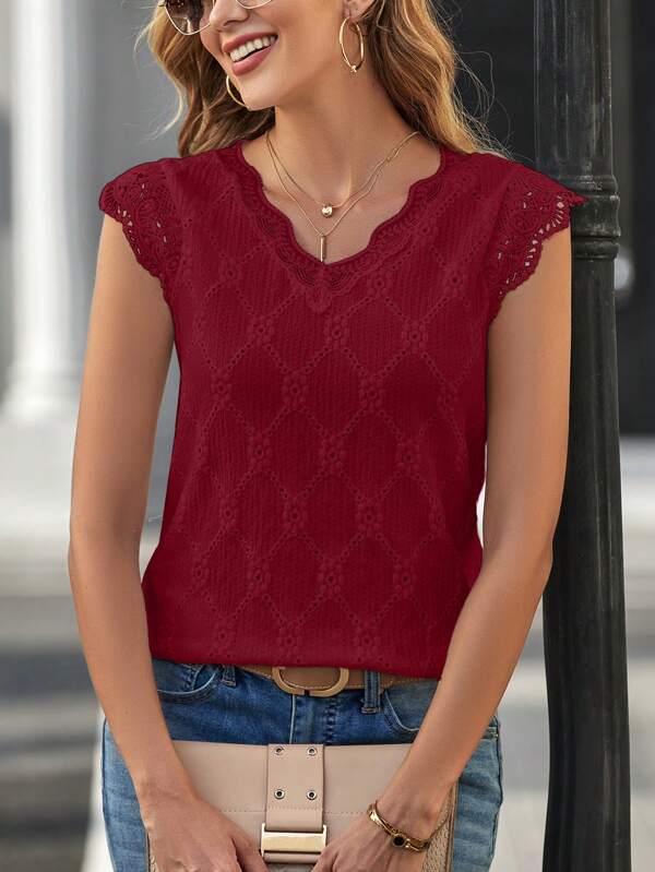 SHEIN Clasi Contrast Scallop Lace Trim Cap Sleeve Eyelet Embroidery Tee