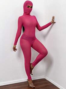 Slaydiva Solid  Glitter Mesh Unitard Jumpsuit With Hooded Gaiter - Hot Pink - View 6