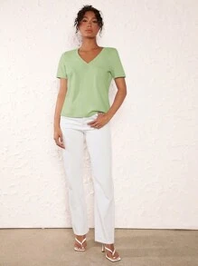 SHEIN BASICS V-neck Solid Tee - Green - View 4