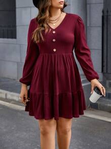 Calvaya Talla grande Vestido tejido de canalé de manga farol bajo con fruncido - Caqui - Ver 5