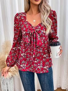 SHEIN VCAY Ditsy Floral Print Knot Front Lantern Sleeve Blouse - Red - View 6