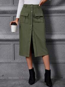 SHEIN LUNE 翻蓋口袋前紐扣半身裙 - 軍綠色 - 查看 4