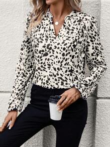 SHEIN LUNE Allover Print Notched Neckline Lantern Sleeve Blouse - Multicolor - View 1