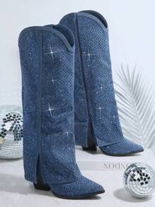 SHUZIA Denim Pointy Toe Rhinestone Decor Booties Mother's Day Present - Blue - View 2