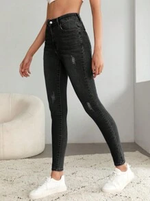 SHEIN Tall Jeans Skinny de Cintura Alta con Roturas, para Mujeres Altas - Negro - Ver 4