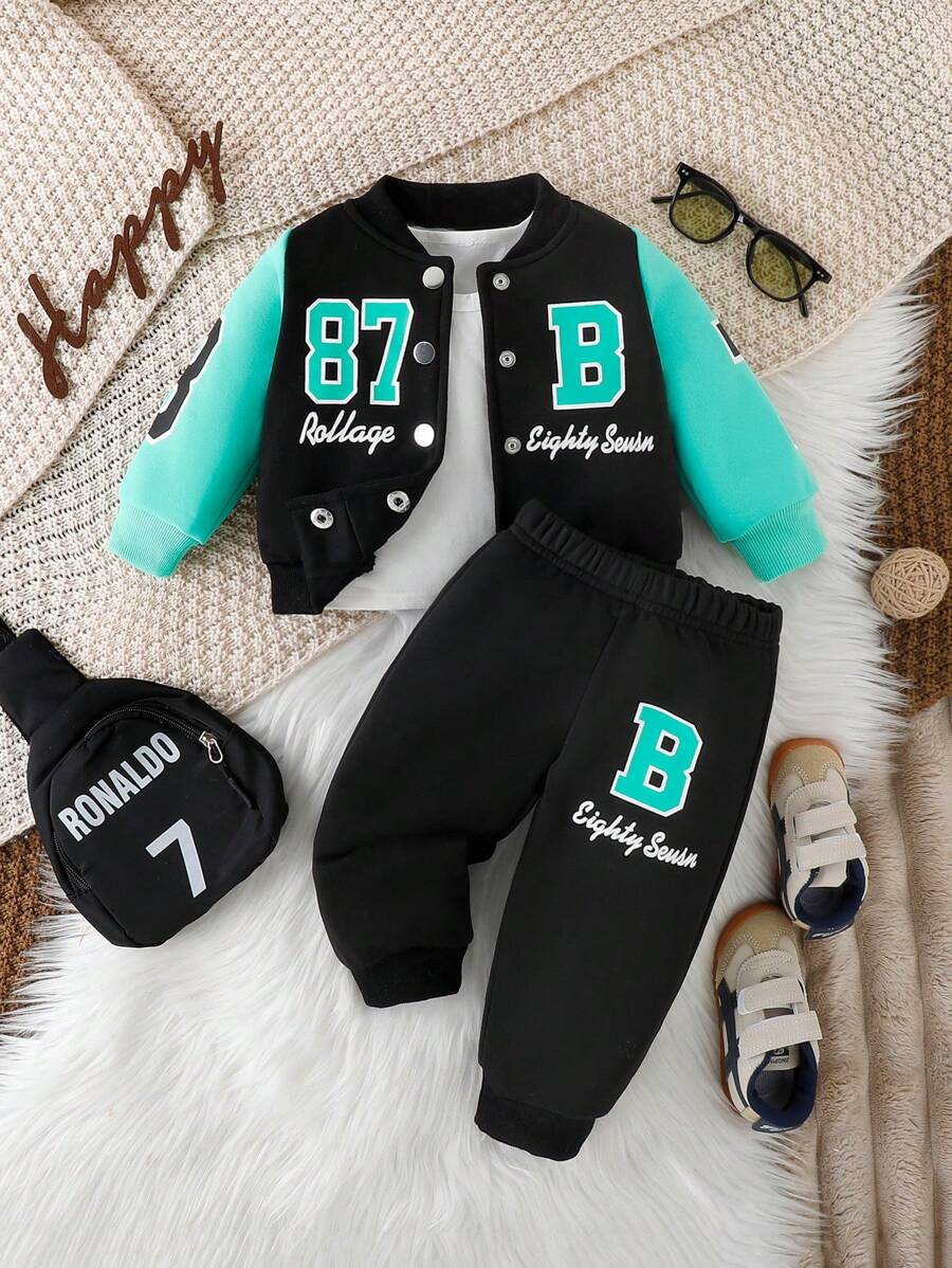 Đứa bé trai Đồ họa Chữ cái Khối màu Áo khoác bomber & Quần nỉ Without Tee - màu xanh lá - Xem 1