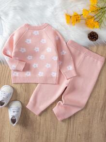 SHEIN Vintaside Kids Baby Girl Allover Floral Pattern Raglan Sleeve Sweater & Knit Pants