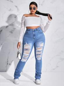 CovetEZ Plus Ripped Raw Hem Skinny Jeans - Light Wash - View 4