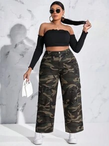 SHEIN SXY Plus Camo Print Flap Pocket Side Cargo Jeans - Army Green - View 1