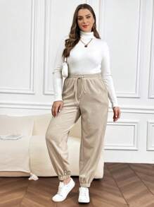 SHEIN LUNE 大碼腰部抽繩斜口袋衛褲 - 杏色 - 查看 5