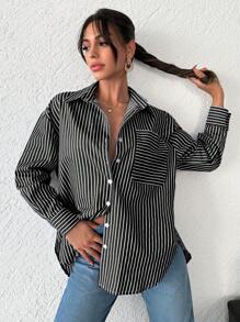 RueChic Striped Print Drop Shoulder Curved Hem Shirt - Black - View 1