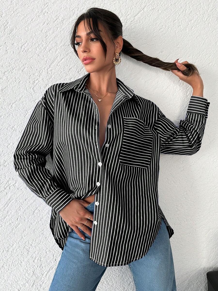 RueChic Striped Print Drop Shoulder Curved Hem Shirt - Black - View 1