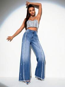 SHEIN BAE Raw Trim Wide Leg Jeans - Light Wash - View 4