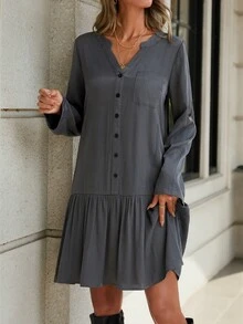 SHEIN LUNE 純色波浪邊連衣裙 - 深灰色 - 查看 6