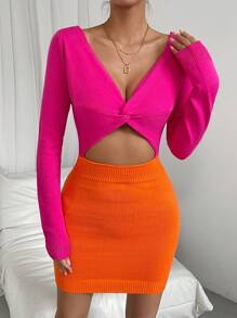 SHEIN Unity 雙色前扭結鏤空毛衣洋裝 - 彩色 - 查看 5