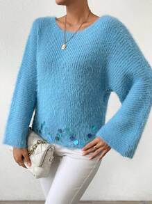 SHEIN LUNE Patched Detail Drop Shoulder Fluffy Knit Sweater Knit Pullover Fall Winter Outfit - Baby Blue - View 1