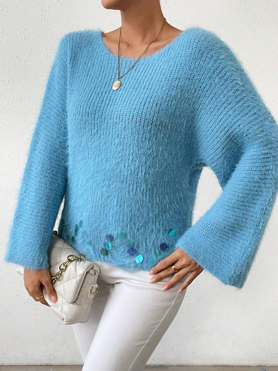 SHEIN LUNE Patched Detail Drop Shoulder Fluffy Knit Sweater Knit Pullover Fall Winter Outfit - Baby Blue - View 1