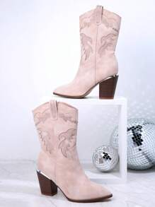 SHUZIA 鑲嵌鑽石裝飾尖頭踝靴 - 米色 - 查看 4