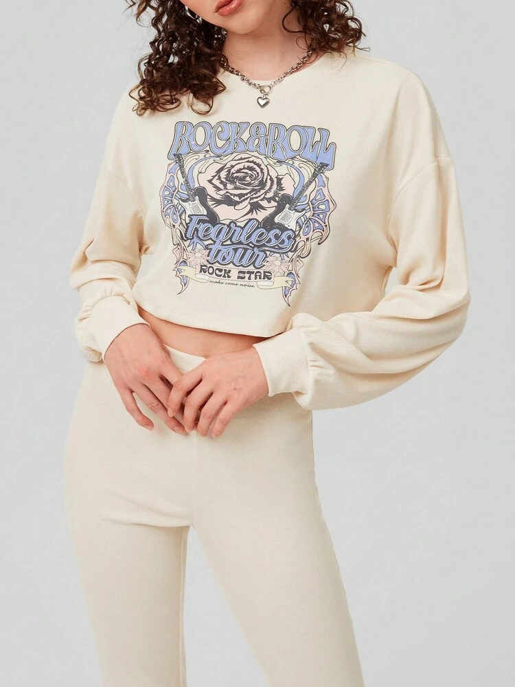 Women's Floral And Letter Printed Crop Top And Leggings Set