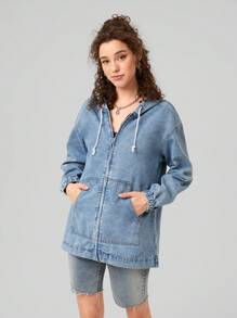 Forever 21 Women's Hooded Denim Jacket With Zipper Closure, Drawstring & Pockets - Blue - View 6