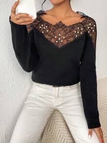 Calvaya Contrast Lace Raglan Sleeve Sweater