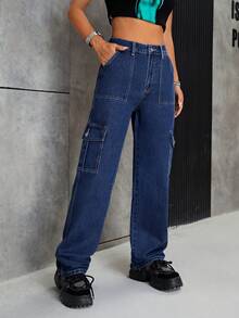 SHEIN PETITE Flap Pocket Cargo Jeans - Dark Wash - View 5