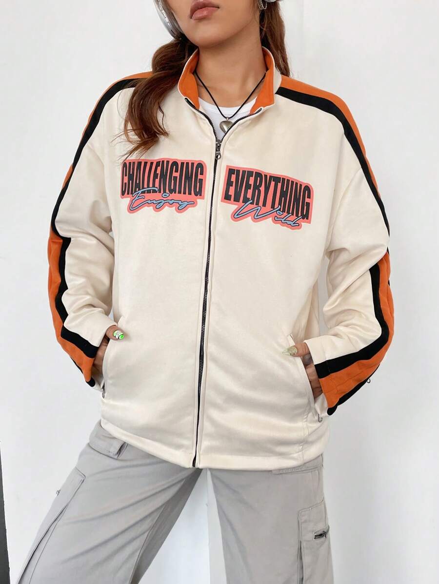 SHEIN EZwear 字母圖案拼接側邊接縫落肩袖拉鏈開襟夾克 - 白色 - 查看 1