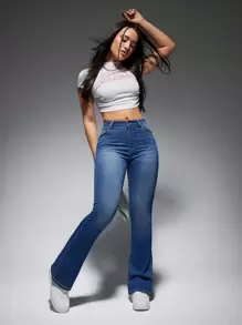 SHEIN EZwear 斜口袋牛仔喇叭褲 - 藍色 - 查看 1