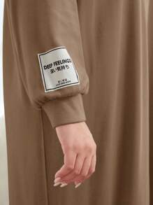 Mulvari Plus Letter Graphic Drop Shoulder Hooded Sweatshirt Dress - Khaki - View 5