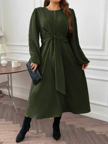 SHEIN Franclia Plus Lantern Sleeve Knot Front Dress - Army Green - View 3