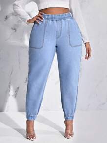SHEIN SXY Plus Elastic Waist Jogger Jeans - Light Wash - View 1
