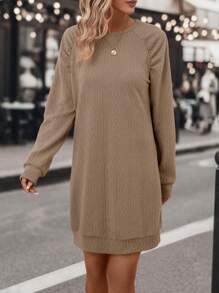 SHEIN LUNE Chất rắn Tay Raglan Đầm nỉ - Màu Khaki - Xem 1