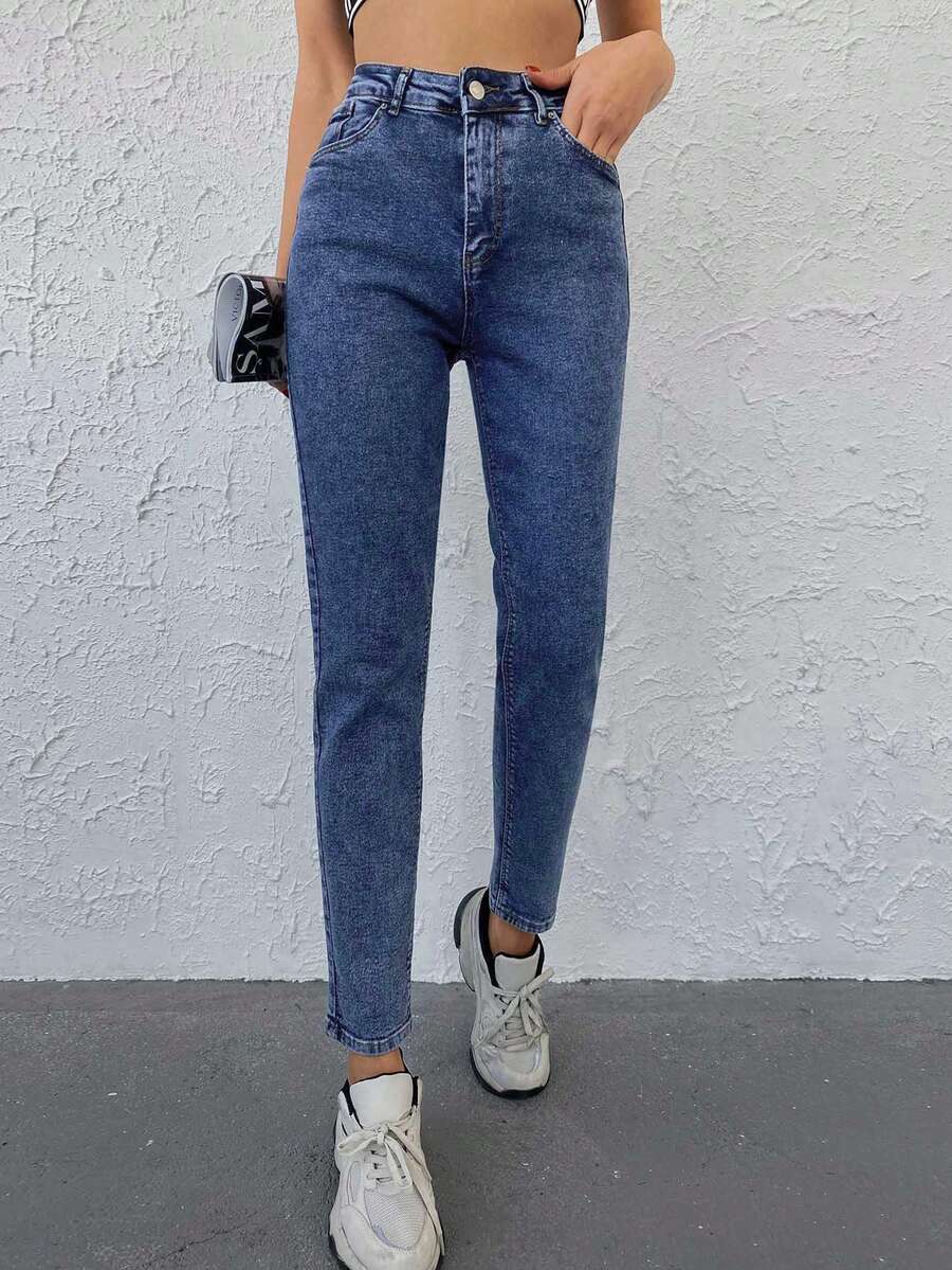 EURMUSE Jeans cónicos unicolor con bolsillo oblicuo - Azul lavado medio - Ver 1