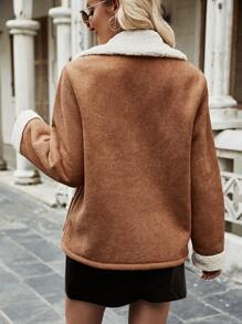 SHEIN LUNE 羊絨領口雙口袋落肩袖毛絨內襯夾克