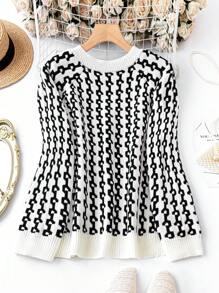 SHEIN LUNE Plus Allover Pattern Button Detail Raglan Sleeve Sweater - Black and White - View 2