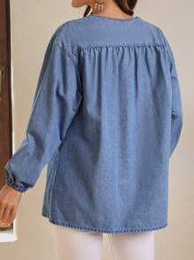 SHEIN LUNE Nút Nửa Tay áo lồng đèn Tops Denim - Rửa nhẹ - Xem 2