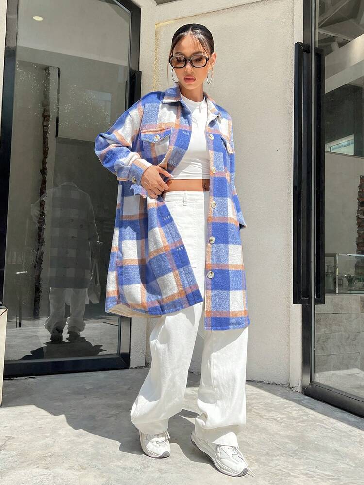 Plaid Print Drop Shoulder Flap Pocket Overcoat Fall Cloth For Women