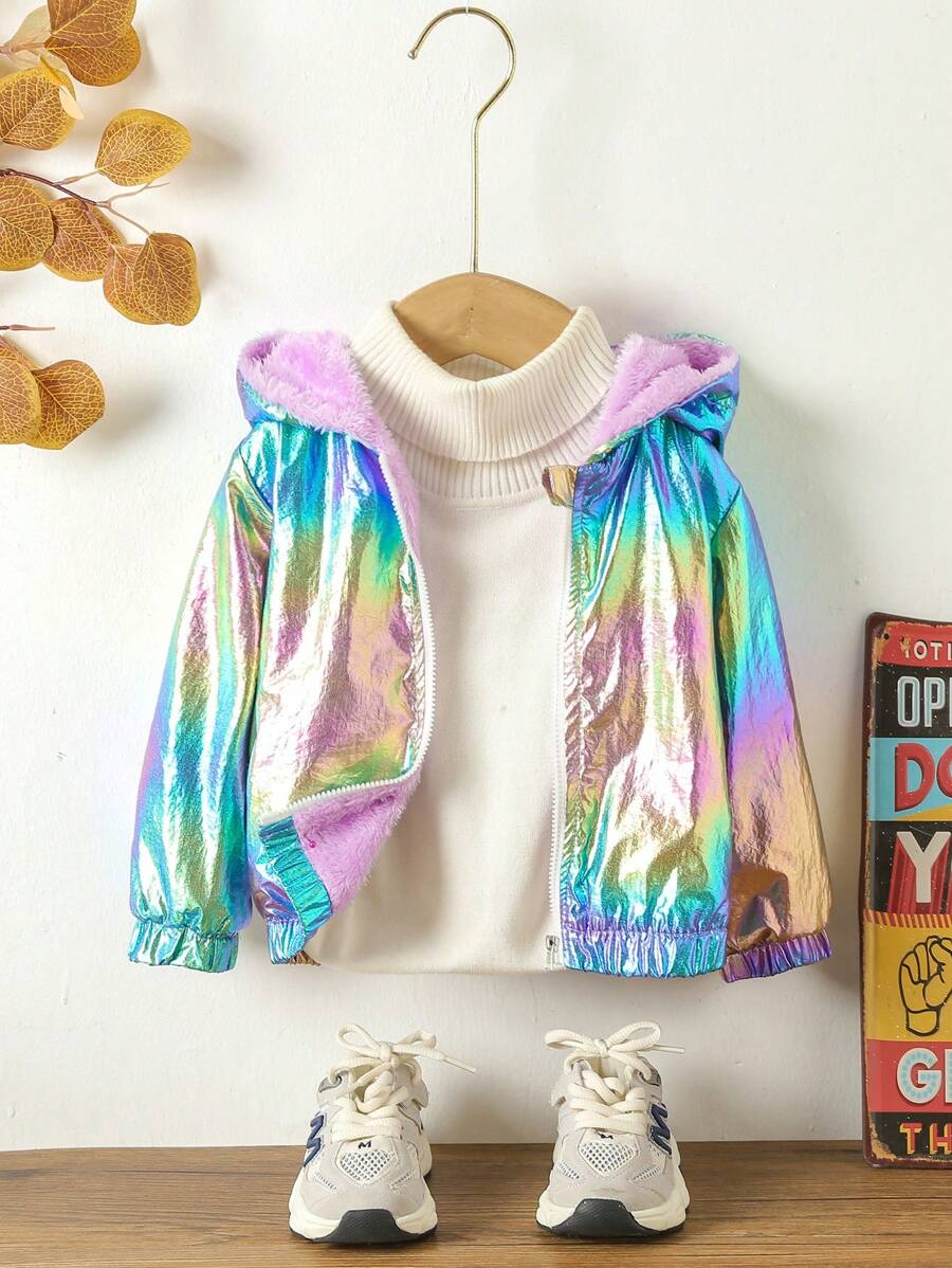 Bebê Menino Holográfico Zip Up Cncapuzado Revestido Térmico Casaco Sem Suéter - Multicolorido - Visão 1