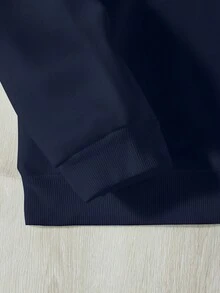 SHEIN EZwear 字母圖案加絨內裏運動衫 - 藏蓝色 - 查看 3