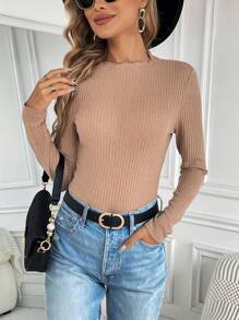 SHEIN LUNE Body unicolor ribete en forma de lechuga tejido de canalé - Caqui - Ver 3