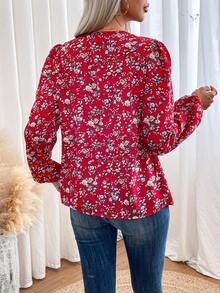 SHEIN VCAY Ditsy Floral Print Knot Front Lantern Sleeve Blouse - Red - View 2