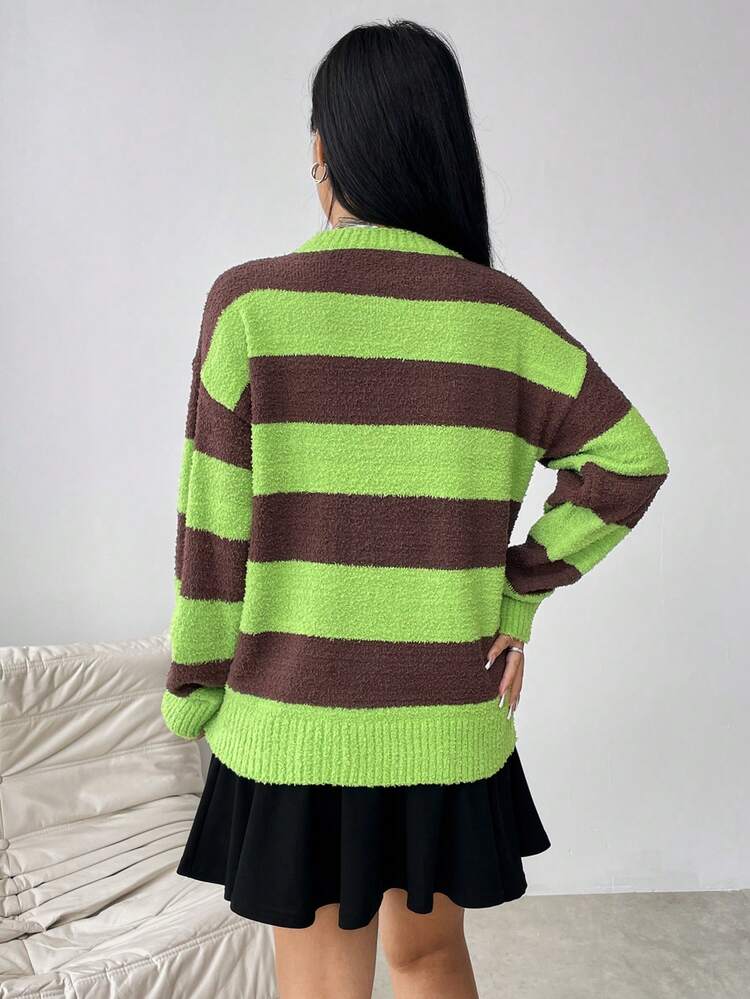 Two Tone Drop Shoulder Knit Pullover Fall Winter Sweater