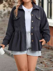 SHEIN LUNE Plus Flap Pocket Drop Shoulder Peplum Hem Blouse - Khaki - View 4