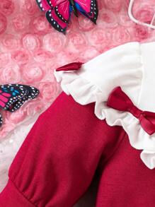 女嬰雙色前蝴蝶結荷葉邊洋裝 - 紅色 - 查看 4