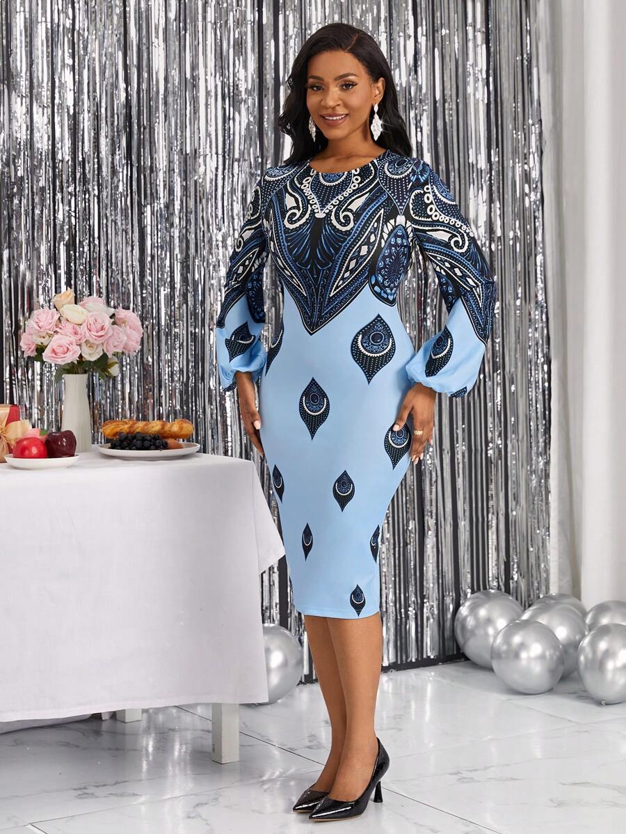 SHEIN Lady In Đồ họa Tay áo lồng đèn Váy bodycon - Nhiều màu - Xem 1