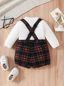 Baby Boy Tartan Print 2 In 1 Pinafore Romper - White - View 2