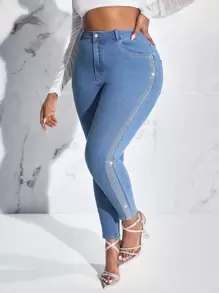 SHEIN SXY Plus High Waist Contrast Rhinestone Side Skinny Jeans - Medium Wash - View 6