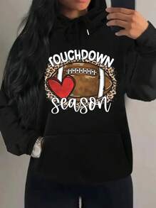 SHEIN EZwear Heart & Letter Graphic Kangaroo Pocket Drawstring Hoodie - Black - View 1